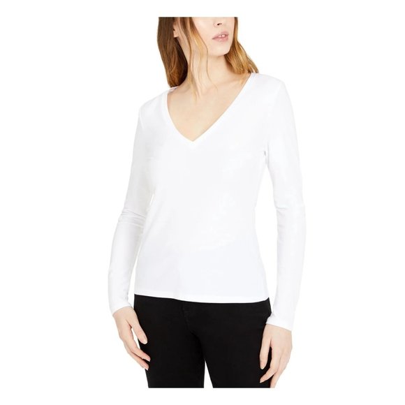 INC Long Sleeve V-Neck Tee - White - NWT - Medium - Picture 1 of 3